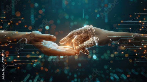Hands humans touching on Artificial intelligence (AI), Machine learning and circuit board, Deep learning, brainstorming, Innovation, global digital transformation, and the Internet of Things (IoT)