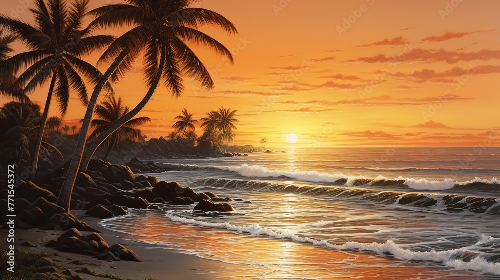 Sunset at sea against the backdrop of palm trees. Sea sunset. Watercolor.