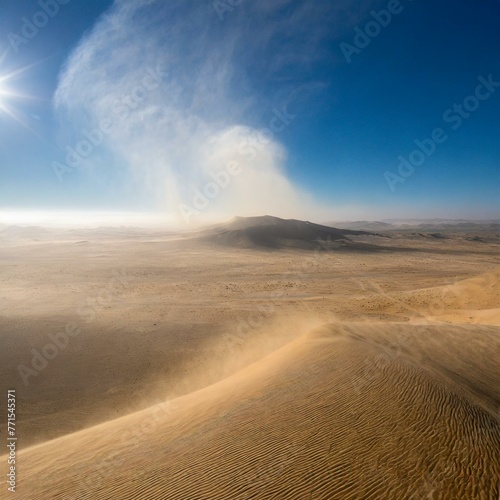 A vast desert world  sand flying up  clear skies