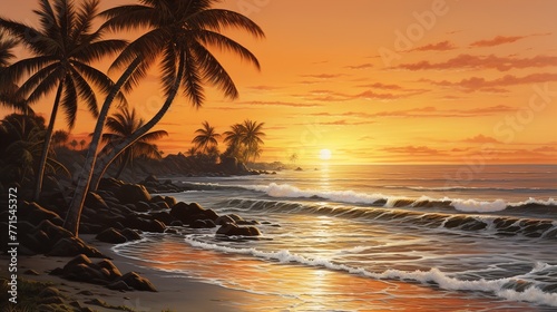 Sunset at sea against the backdrop of palm trees. Sea sunset. Watercolor.