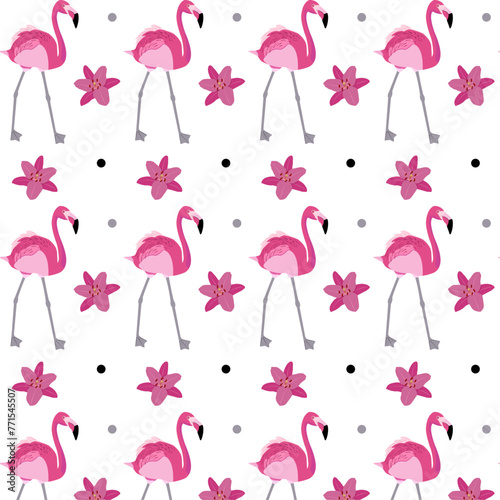 Summer seamless pattern for packaging and wrapping paper. Pink flamingo and pink lily on a white background. Vector cartoon illustration for fabric and textile. Print for a paper gift bag.