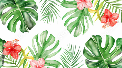 Fundo de plantas tropicais verdes em aquarela no fundo branco photo
