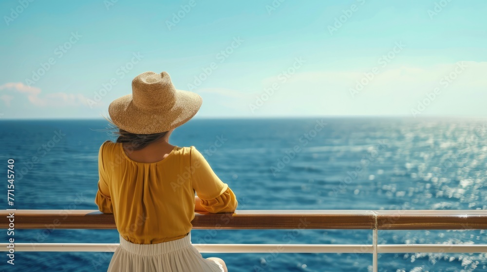 Elegant woman relaxing on outdoor deck of cruise ship looking at view of the sea. luxury travel on summer vacation.