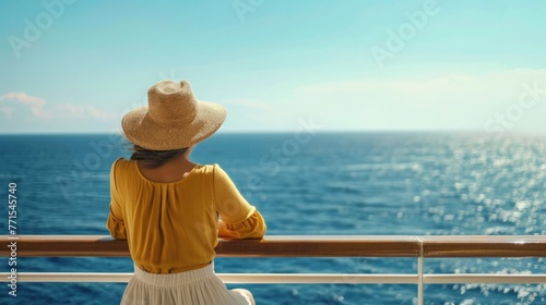 Elegant woman relaxing on outdoor deck of cruise ship looking at view of the sea. luxury travel on summer vacation. © Oulaphone