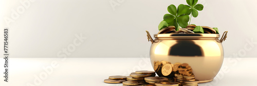 A gleaming gold pot overflowing shiny gold coins with green plants  leaves on the top and white transparent background for St Patrick's Day concept  photo