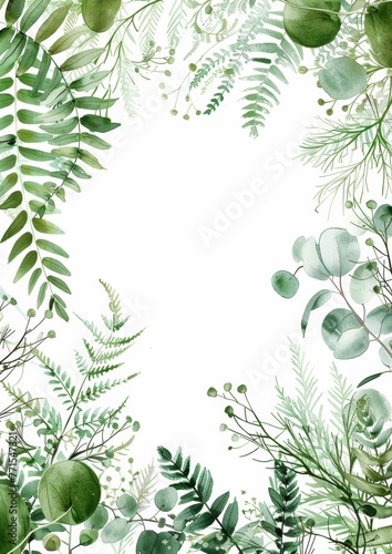 Floral composition with copy space in center. Green leaves of eucalyptus  fern on white background.