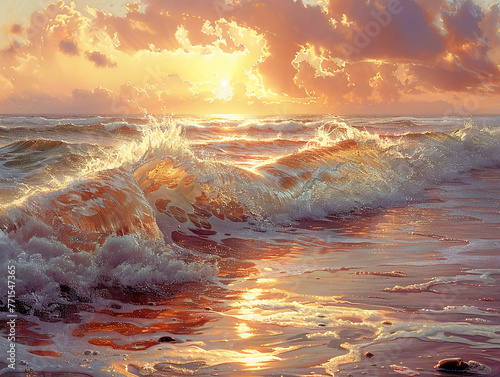 seago style, plein air impressionism, wave breaking against rocky shoreline, golden hour lighting