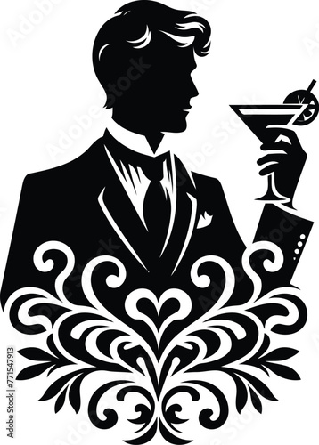 male silhouette, drink wine, cocktail, music instrument, flowers ornament decoration, floral vector design.