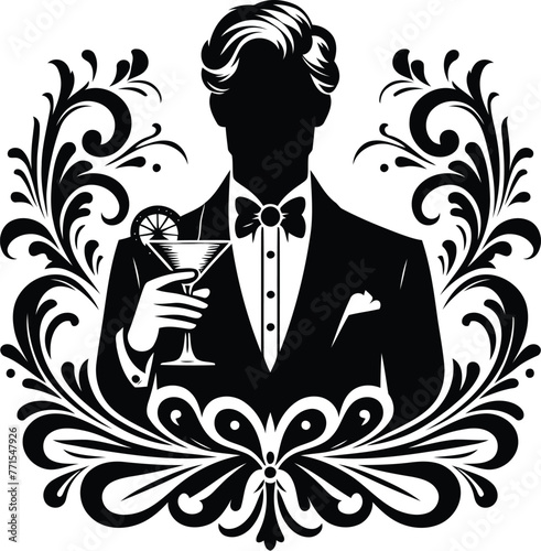 male silhouette, drink wine, cocktail, music instrument, flowers ornament decoration, floral vector design.