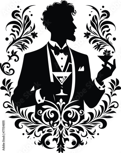 male silhouette, drink wine, cocktail, music instrument, flowers ornament decoration, floral vector design.