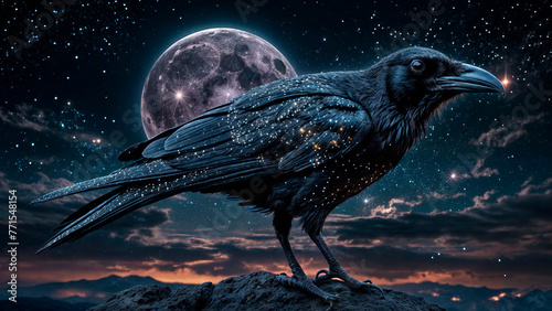 Beautiful mystical background with black raven and moon