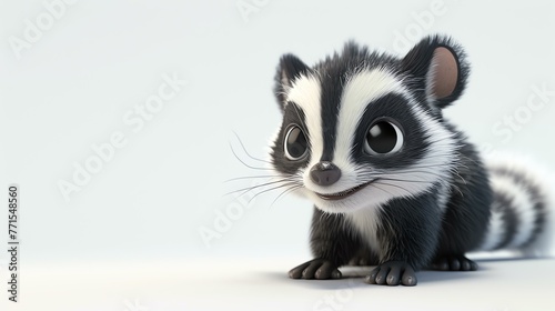 A cute baby skunk with big eyes and a long tail is sitting on a white background. The skunk is looking at the camera with a curious expression. photo