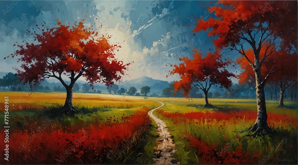 red theme semi abstract trees field and meadows landscape oil pallet knife paint painting on canvas with large brush strokes art from Generative AI