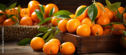 Several pieces of citrus fruit are placed on a rustic wooden table, including oranges, tangerines, and clementines, showcasing a variety of natural foods
