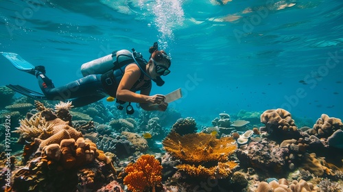 Underwater world. A scuba diver explores a coral reef. The diver is surrounded by colorful fish and coral.