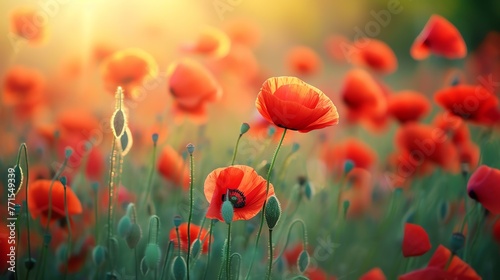 A beautiful field of red poppies, with the sun shining brightly in the background.