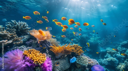 Underwater view of a coral reef with many colorful fish swimming around.