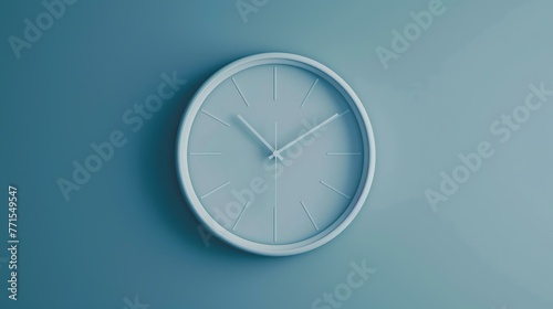 A simple and elegant wall clock with a white dial and a blue background. The clock is round and has a minimalist design.