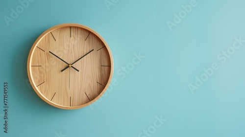 A wooden wall clock with a simple design. It has a round face with a natural wood finish and black hands. The clock is mounted on a blue wall. photo