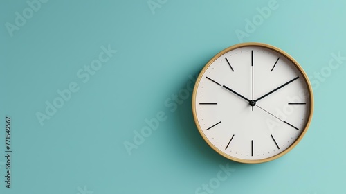 A wooden wall clock with a white dial hangs on a mint green wall. The clock has black hands and simple line markers for each hour. photo