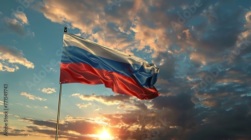 A flag of Russia waving in the wind with a beautiful sky in the background. photo