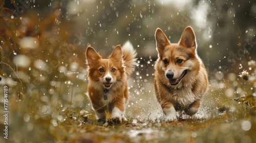 A cat and a corgi dog are walking in the meadow.