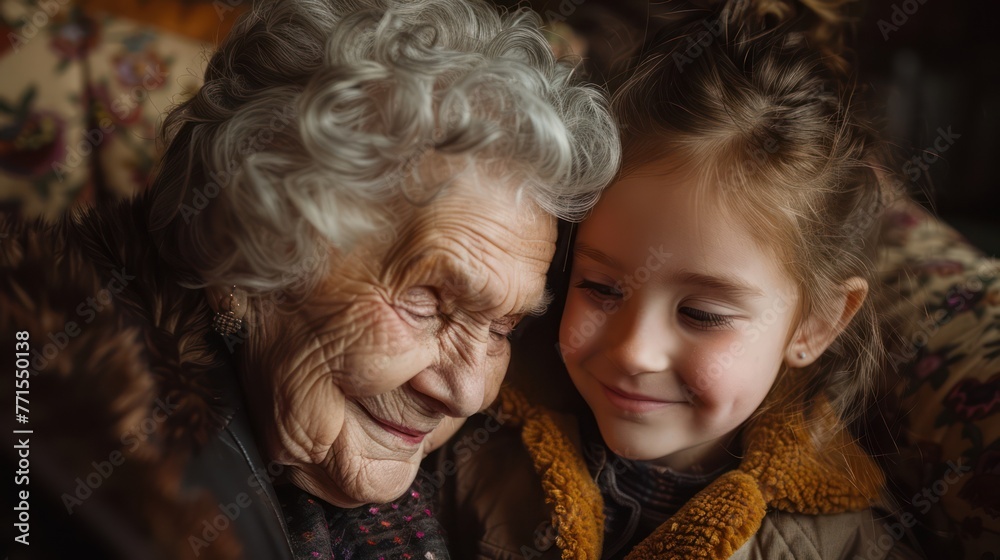 Young girl cuddling with grandma on sofa at home Young girl cuddling with grandma on sofa at home