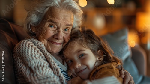 Young girl cuddling with grandma on sofa at home