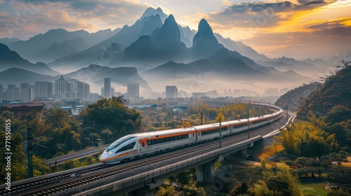 High speed train behind high mountains