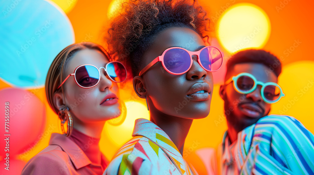 Three stylish friends wearing trendy neon sunglasses, colorful, vibrant background, neon light, bright colors, fashion photography