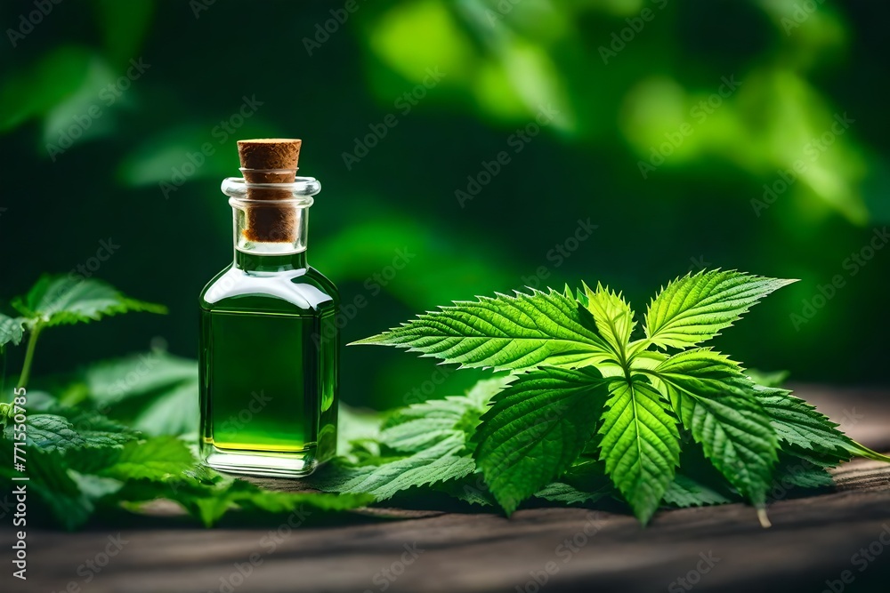 Fresh nettle leaves and nettle essence in a bottle.Stinging nettle, Urtica dioica.Make a copy of the space. Fresh nettle leaves and nettle essence in a bottle.Stinging nettle, Urtica dioica.Make a copy of the space.