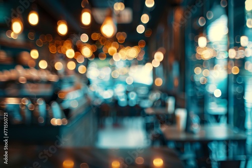 A blurry image of a restaurant with a lot of lights and tables