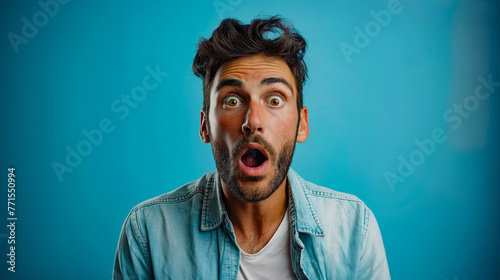 Young man with surprised expression, open mouth isolated on blue background with copy space, panoramic shot © Ratthamond