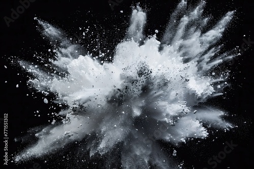 White Color Powder Explosion Isolated On Black