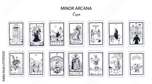 Set of Cups, in occult tarot cards deck. Minor arcanas designs set with Ace, Knight, King, Queen, Page of Cups signs and symbols in modern style. Isolated hand drawn vector illustrations 
