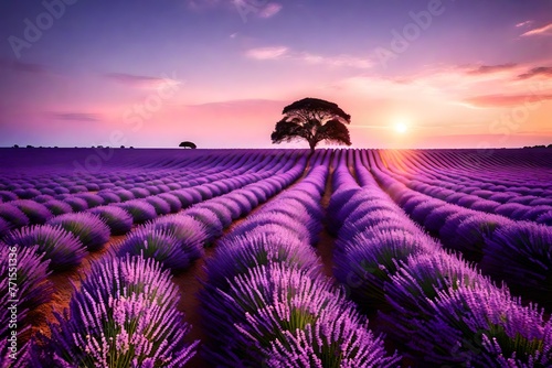 Gorgeous lavender landscape with a lone tree at dawn beneath a breathtaking sky.