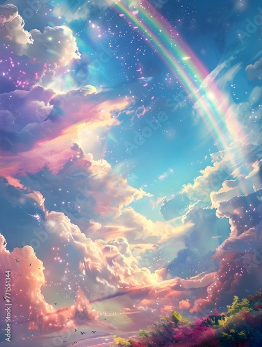 Boundless Celestial Canvas of Radiant Rainbows and Ethereal Clouds