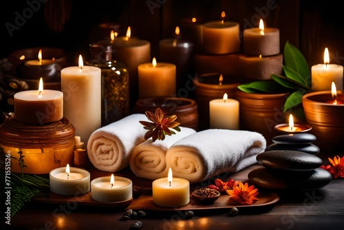Items for a spa massage  candlelight  soap  herbal compress ball  and towel with fragrance.