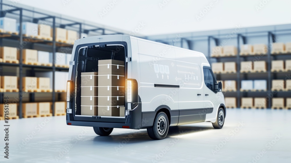 Rear view of a delivery van loaded with parcels, ready for dispatch at a logistics warehouse.