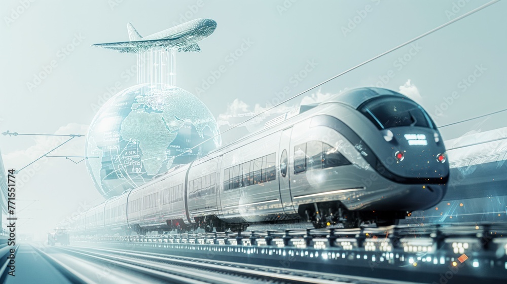 Composite of modern train and holographic plane over globe, symbolizing advanced transport.