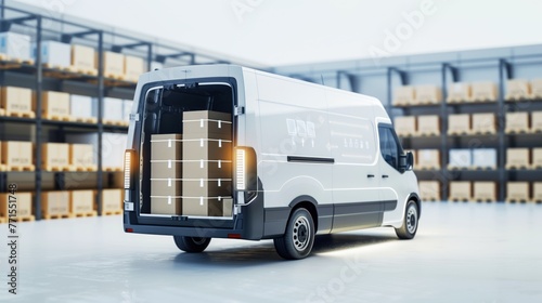 Rear view of a delivery van loaded with parcels, ready for dispatch at a logistics warehouse.