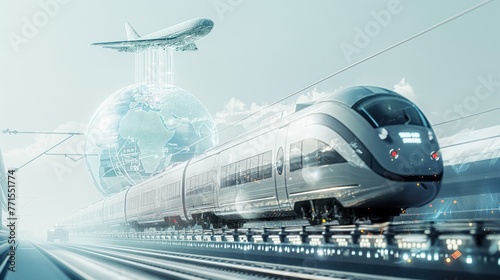 Composite of modern train and holographic plane over globe  symbolizing advanced transport.