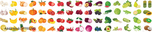 Set of berries and fruits, vegetables on a white background. Vector icon photo
