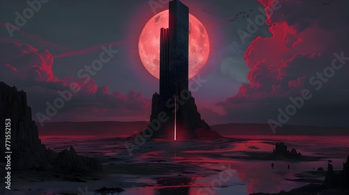 Towering Obsidian Spire Reflecting the Eerie Glow of a Blood Moon in a Desolate Otherworldly Landscape