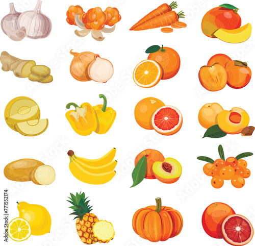 Set of berries and fruits, vegetables on a white background. Vector icon