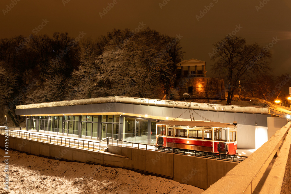 New information center building on Polish-Czech border in Cieszyn in winter evening New information center building on Polish-Czech border in Cieszyn in winter evening