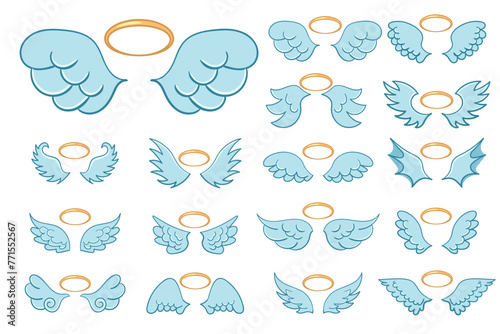 Angel winged glory halo cute cartoon drawings isolated on white background. Flying angel wings with a golden halo in flat style. Cartoon illustration.