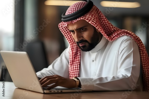 khaleej gulf businessman looking at laptop on white background, gulf culture