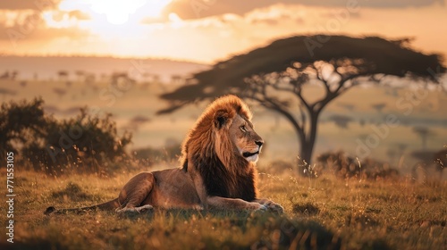 Lion king male lion, looking for his area during the sunrise, lying on savannah grass. Landscape with characteristic trees on the plain and hills in the background photo