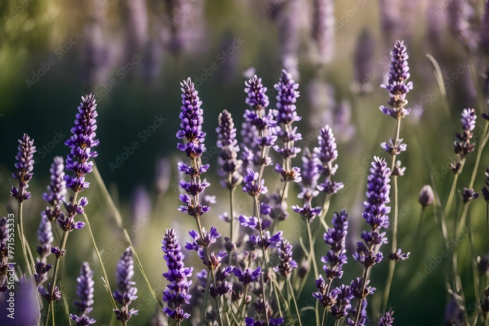 Fototapeta premium Spanish lavender flowers in a garden with a gentle backdrop blur. A variety of lavender known as butterfly lavender 